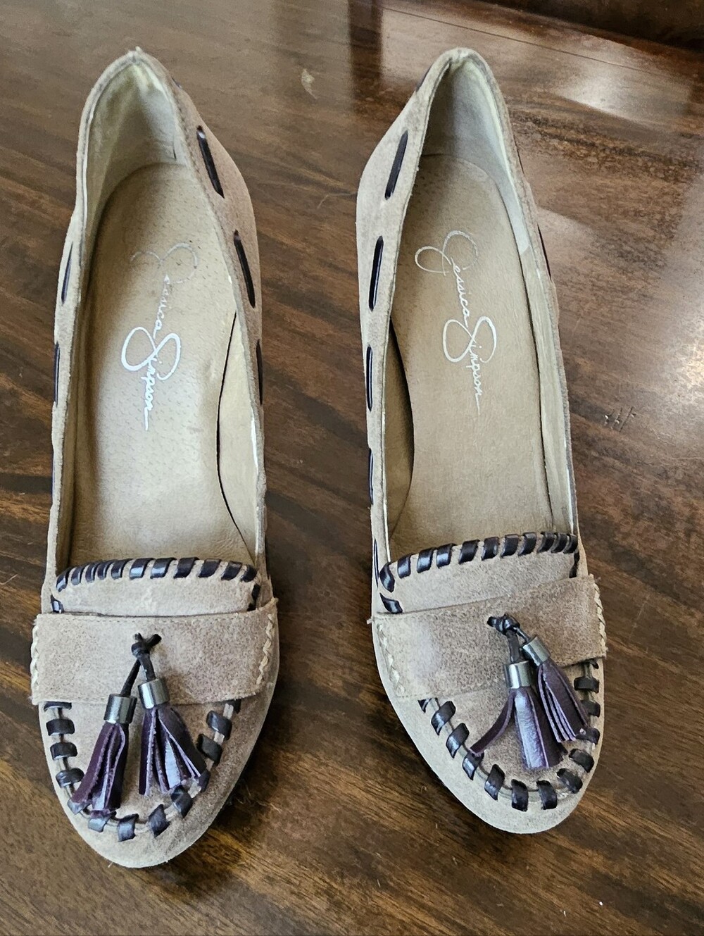 Jessica Simpson Taupe Suede Tassel Pumps with Plum Accents